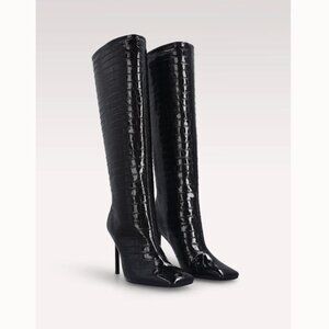 Ginevra 02 Black Patent Croc Embossed Leather Boots 37 MSRP $525